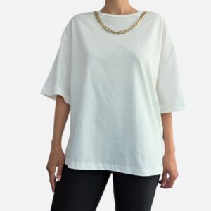 Tricou din bumbac Rinascimento-alb Tricou alb din bumbac 100% foarte lejer, cu lanț decorativ detașabil la gât.  Mărimi disponibile: 48 Material: 100% bumbac Culoare: alb