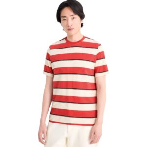 Tricou cu mânecă scurtă bărbați C&A Tricou pentru bărbați cu mânecă scurtă, dungi orizontale roșii, alb-crem si negre, croi clasic. Ideal pentru zilele călduroase de vară. Mărimi disponibile: XL Material: 100% Bumbac Culoare: Roșu