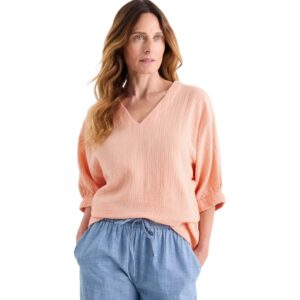 Bluză din muselină femei C&A Bluză din muselină pentru femei, caracterizată print-o textură ușor încrețită, decolteu în V, croială lejeră, mâneci scurte cu elastic la bază. Mărimi: 42 Material: 100 % bumbac Culoare: corai