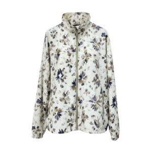 Geacă femei cu imprimeu floral C&A Active Geacă pentru femei cu imprimeu floral artistic în nuanțe de crem, maro și mov, închidere frontală cu fermoar, două buzunare laterale funcționale cu fermoar, prevăzută cu plasă respirabilă în interior, potrivită pentru sezoanele primăvară-toamnă, în partea de jos se poate ajusta printr-un elastic. Mărime: XL Material exterior: 100 % nailon Căptușeala: 100% poliester Culoare:  crem