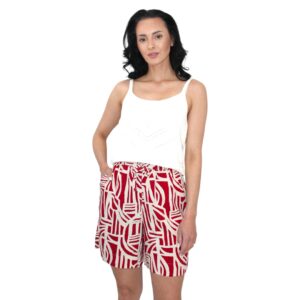 Pantaloni scurți 100% vâscoză cu imprimeu pentru femei Pantaloni scurți 100% vâscoză de vară cu imprimeu, talie înaltă elastică prevăzută cu șnur , buzunare funcționale în partea din față. Disponibili atât în magazin cât și pe site cu livrare rapidă în toată România. Mărimi: 42 Material : 100% vâscoză Culoare: roșu cu bej