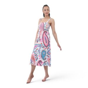 Rochie midi de vară cu imprimeu multicolor pentru femei-C&A Rochie midi de vară cu imprimeu multicolor, zona bustului este elastică, bretele subțiri, material lejer de vară. Disponibilă atât în magazin cât și pe site cu livrare rapidă în toată România. Mărimi: S Material: 98% poliester, 2% elastan Culoare: multicoloră