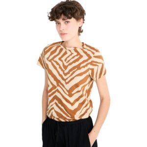Tricou cu imprimeu zebră în nuanțe de maro și crem pentru femei Tricou C&A cu imprimeu zebră pentru femei, decolteu rotund, croi lejer,  potrivit pentru perioada de vară. Disponibili atât în magazin cât și pe site cu livrare rapidă în toată România. Mărimi: XL Material tricou: 100% bumbac Culoare: maro 